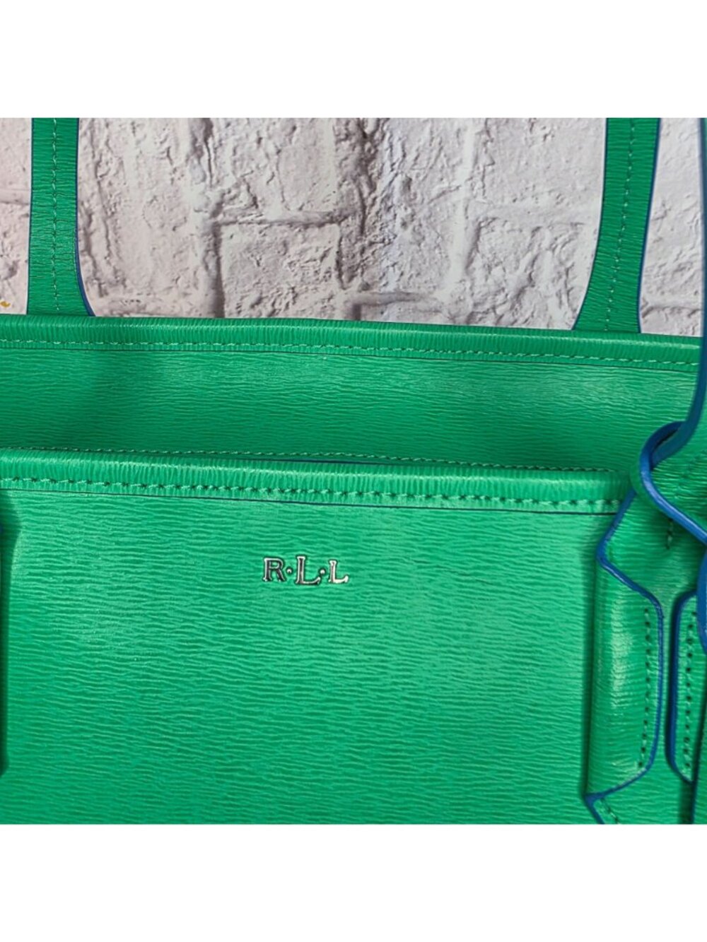 Lauren Ralph Lauren Tate Shopper Tote Bag Green Leather Pepper French Blue - Picture 3 of 16